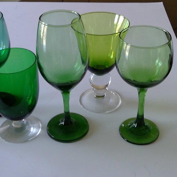 S/6 Mismatched Colorful Emerald Avocado Lime Green Water Goblets Wine Glasses - Picture 3 of 11